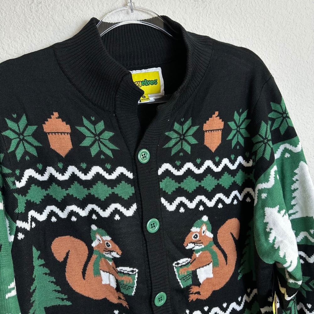 Tipsy Elves Mens Nutty Noel Cardigan Squirrel Christmas Sweater Black Green XL - Picture 2 of 9